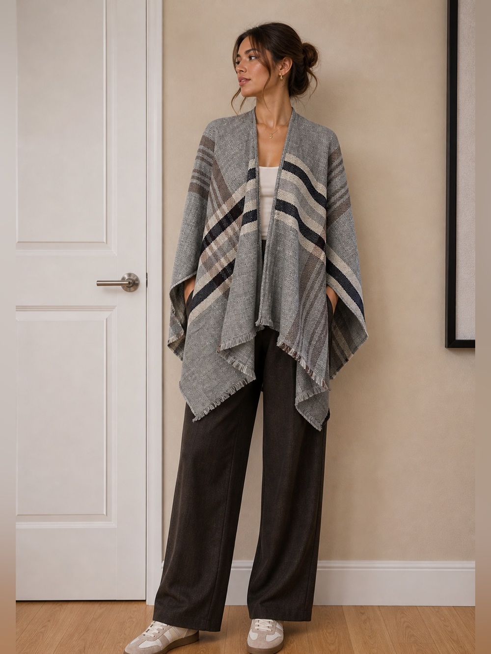 Uniqlo Womens 2 Way Knit Blanket Poncho Windowpane Plaid OS NWT